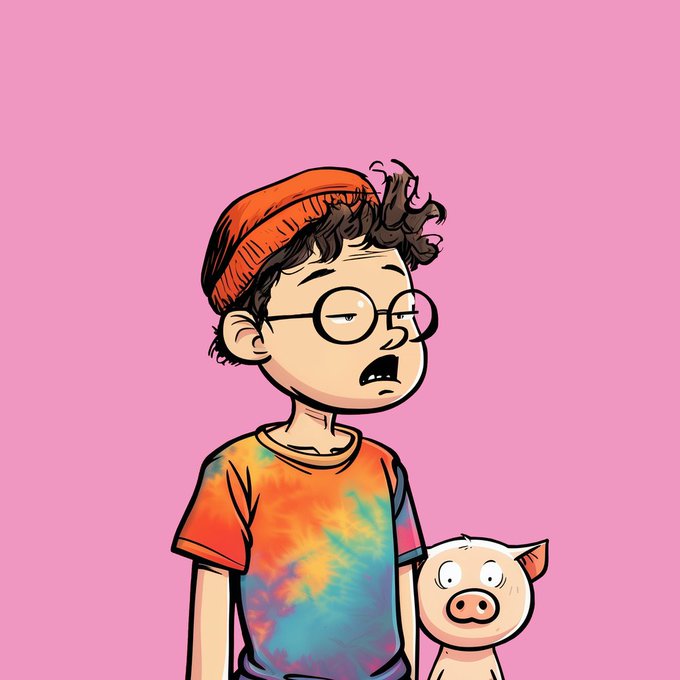 An illustration of a cartoon boy with messy brown hair, round glasses, and a tie-dye shirt, standing next to a small pink pig on a pink background.