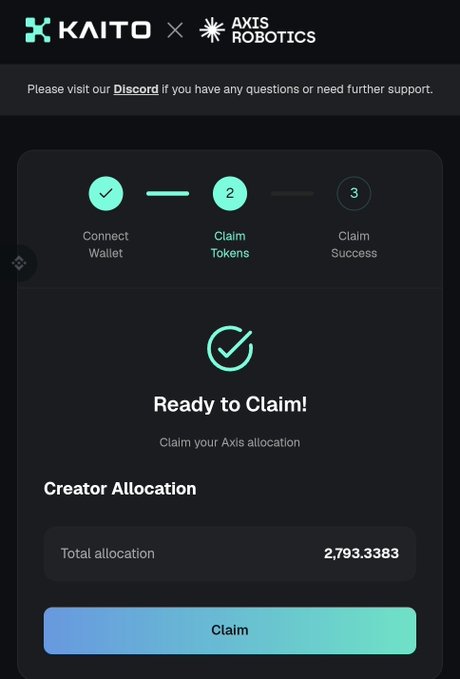 A KAITO × Axis Robotics token claim page shows the user eligible to claim an allocation of 2,793.3383 $AXIS, with the post noting a rounded total of 2,794 $AXIS worth about $950. The interface displays “Ready to Claim!” and a blue-green “Claim” button.