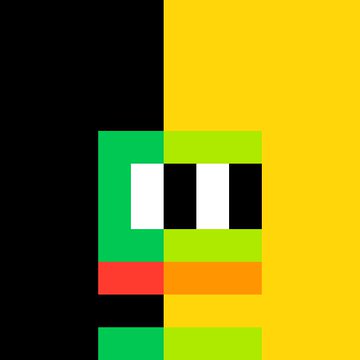 Abstract geometric digital art featuring a pixelated face-like design in green, white, black, red, and orange against a split black and yellow background.