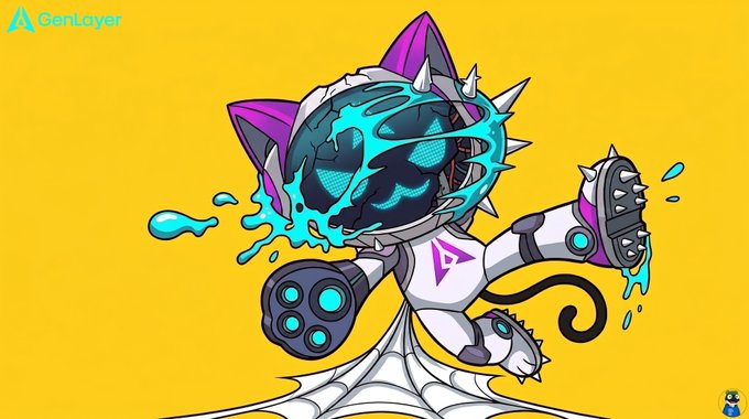 A cartoon mascot with cat ears, a spiked helmet, and a visor displays a mischievous grin while splashing blue liquid and posing a spiked boot forward on a yellow background. The image carries the "GenLayer" logo in the top-left corner, visually representing the project's rebellious, playful spirit as it "stirs things up" in smart contract execution—matching the post's message about breaking free from rigid traditional contracts.