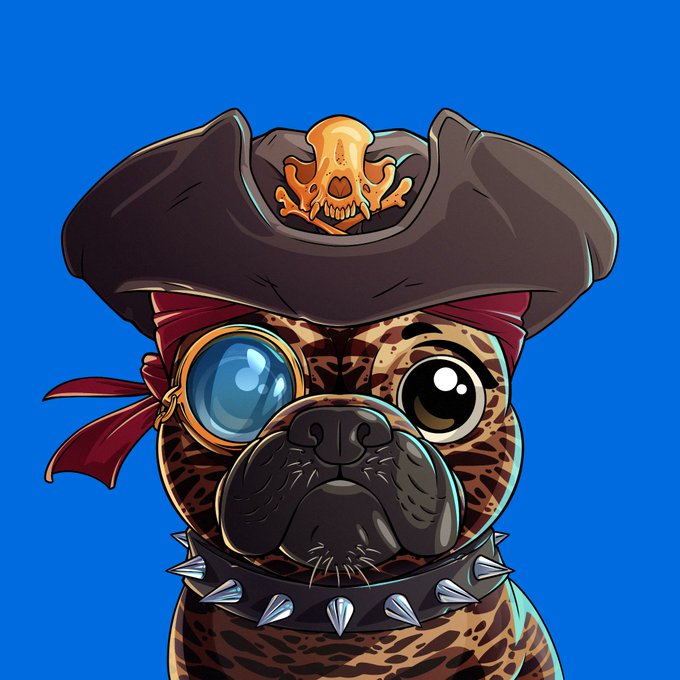 A cartoon French Bulldog styled as a pirate, complete with a tricorn hat featuring a skull and crossbones emblem, a red bandana, a magnifying spyglass over one eye, and a spiked collar, set against a vibrant blue background. The image aligns with the post as a hand-drawn character design intended to be converted into a 3D avatar trait for the OthersideMeta project.