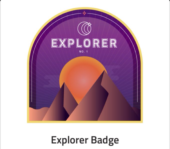 A purple 'Explorer No. 1' badge graphic with a crescent moon and star icon at the top and an illustration of mountains against an orange sunset.