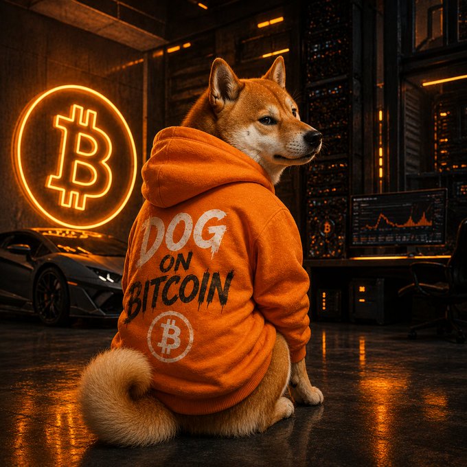 The image features a dog wearing an orange hoodie with the words "dog on Bitcoin" printed on it, sitting on the floor next to a computer monitor or desk. The background includes a neon sign that says "bitcoin", which suggests that the dog is associated with Bitcoin in some way. This could be interpreted as a humorous or creative connection between the dog and the digital currency.