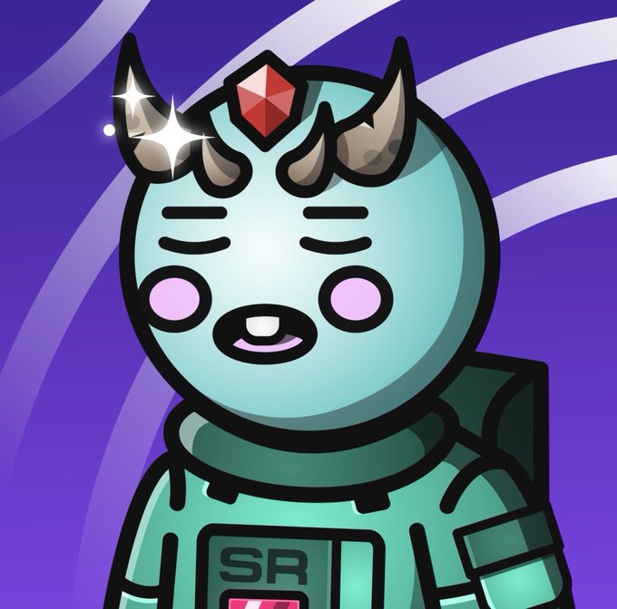 A cartoon illustration of a cute teal-colored character with horns, a red gem on its forehead, pink cheeks, and "SR" on its chest, set against a purple and white swirled background.