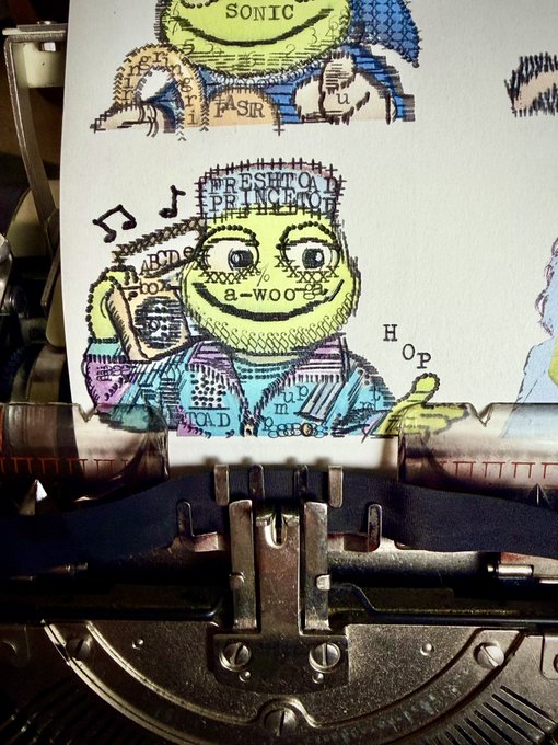A typewriter paper features a colorful ASCII-style art rendering of the character Shrek, with 'SONIC' visible at the top and the text 'FRESH TO A PERFECTION' and 'a-wOOO' incorporated into his face, alongside musical notes and 'HOP' lettering.