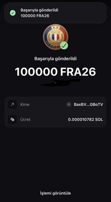 The image shows a successful transaction confirmation of 100,000 FRA26 tokens sent to address "BaxBV...GBoTV" with a fee of 0.000010782 SOL, demonstrating a holder sending the required $FRANCE26 tokens as part of the giveaway requirements. The transaction receipt, marked "Başarıyla gönderildi" (Successfully sent in Turkish), serves as proof of holding and transferring the specified amount.