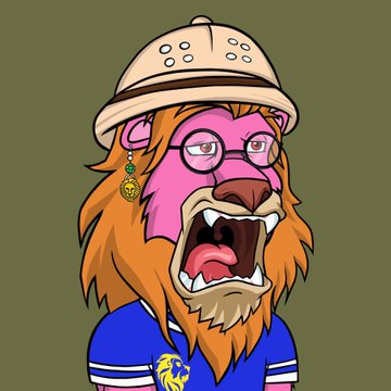 A digital artwork of an anthropomorphic lion character with orange and pink fur, wearing a bucket hat, glasses, an earring, and a blue shirt with a crest logo.