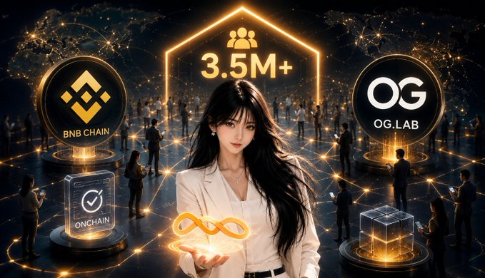 An AI-generated promotional image featuring a young woman holding an infinity symbol, surrounded by glowing icons for BNB CHAIN, OG.LAB, and ONCHAIN, with '3.5M+' displayed prominently.