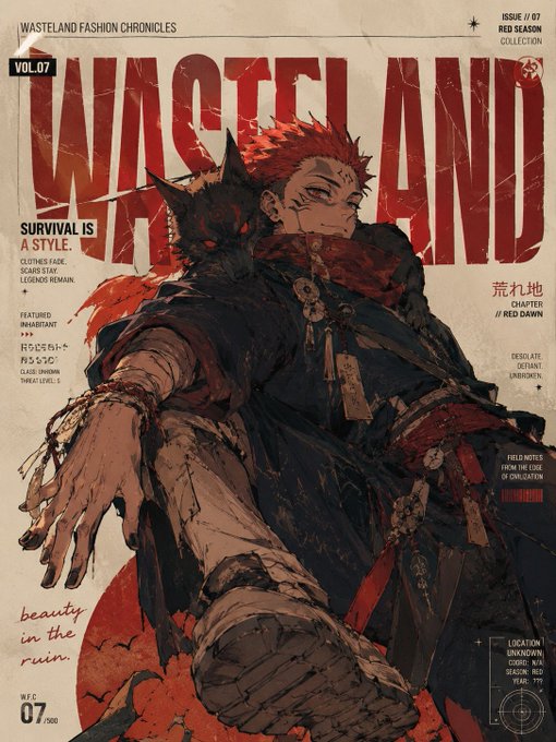 This is a stylized magazine-style illustration titled "WASTELAND FASHION CHRONICLES Vol.07," featuring a red-haired, fox-eared character in dark tattered attire, with the tagline "SURVIVAL IS A STYLE" and "beauty in the ruin."

The image visually embodies the caption's message about looking past the hype of "loud communities" to find substance—the weathered, "wasteland" aesthetic and rough typography suggest resilience and authentic value-building over flashy marketing, reinforcing the lesson to judge a project by what it's actually constructing rather than its external noise.