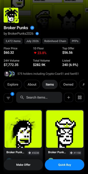 A mobile app screen for a NFT collection called 'Broker Punks' by BrokerPunks2026 on Robinhood Chain, showing details like 'Floor Price $60.32', '24H Volume $7,772.35', and pixel art punk characters.
