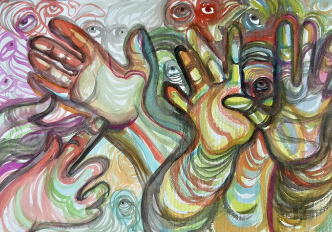 An abstract, colorful painting features swirling, distorted hand-like shapes with multiple eyes embedded throughout the chaotic composition.