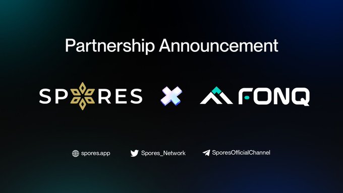 A partnership announcement graphic between SPORES and FONQ on a dark gradient background, displaying both logos alongside an "X" symbol, with the text "Partnership Announcement" at the top and Spores Network's website and social media handles (spores.app, Spores_Network, SporesOfficialChannel) at the bottom—visually promoting the collaboration for FONQ's IDO on the Spores Launchpad.