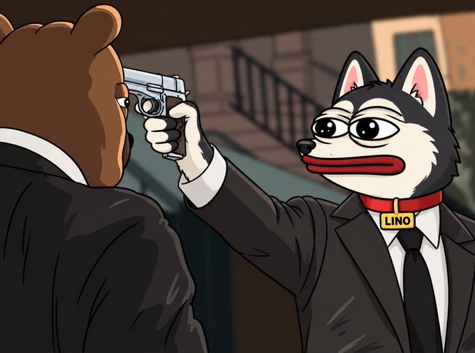 An animated scene shows a husky character in a black suit with a 'LINO' name tag pointing a pistol at a bear character also dressed in a suit, with stairs visible in the background.