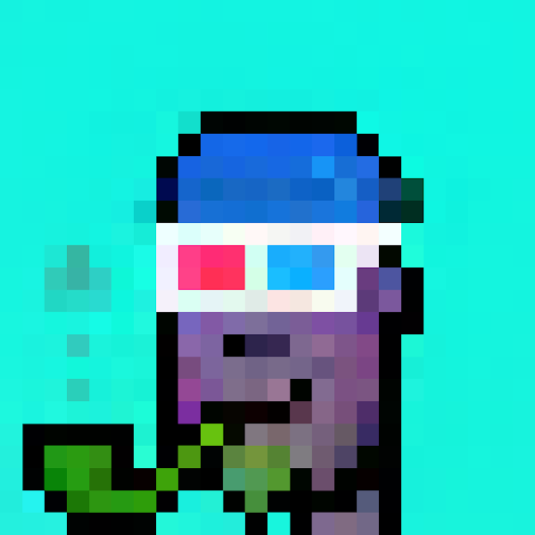 A pixel art illustration of a character with blue hair and a face mask wearing a purple outfit against a cyan background.