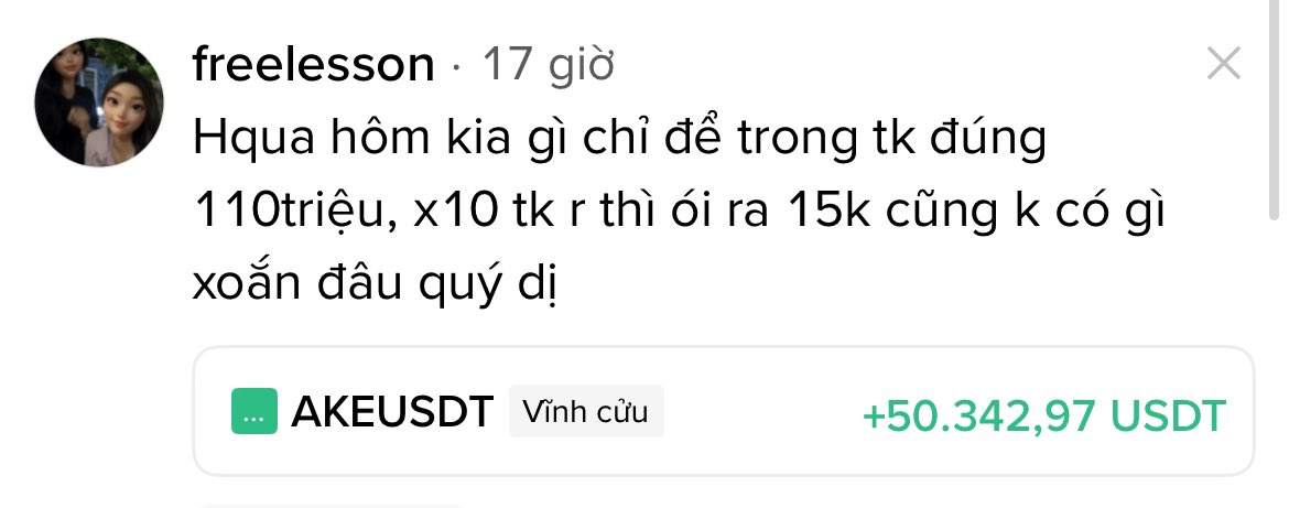 A social media post in Vietnamese by 'freelesson' boasts about a trading profit, displaying an unrealized gain of '+50.342,97 USDT' on the AKEUSDT perpetual pair.