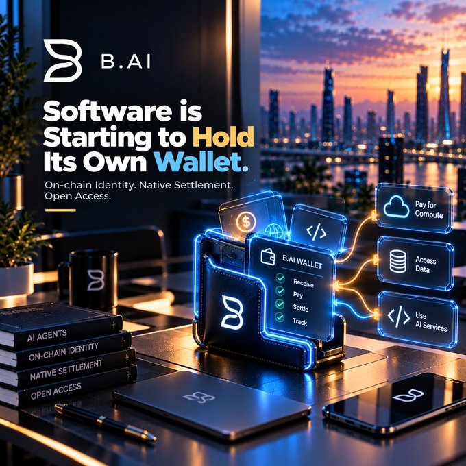 A promotional advertisement for 'B.AI' featuring the tagline 'Software is Starting to Hold Its Own Wallet.' with subtitles 'On-chain Identity. Native Settlement. Open Access.', showing a glowing B.AI Wallet interface with features like 'Receive', 'Pay', 'Settle', 'Track' and connections to 'Pay for Compute', 'Access Data', and 'Use AI Services'.