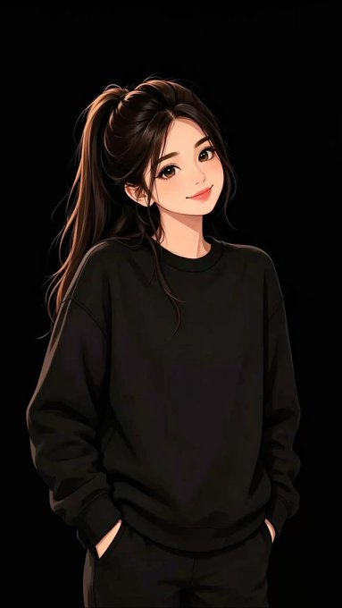 An anime-style illustration of a smiling young woman with long dark hair in a ponytail, wearing a black sweatshirt with hands in her pockets against a dark background.