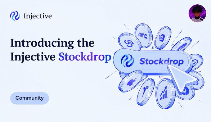 A promotional banner introducing 'Injective Stockdrop' with a community button and an illustration of various stock ticker coins.