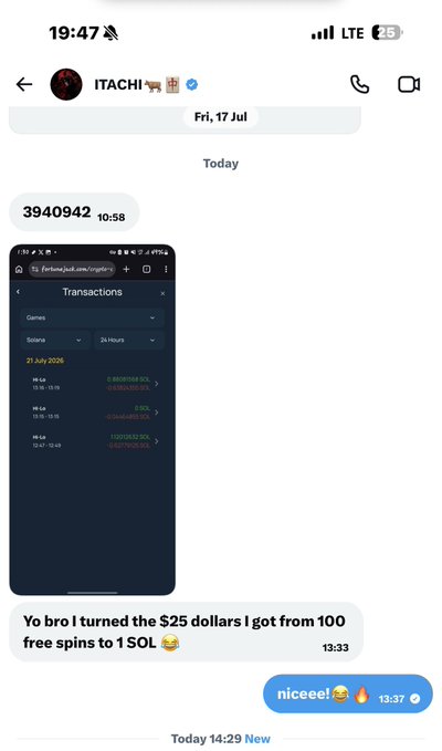 A Telegram chat with "ITACHI" shows a screenshot of gambling transactions from "fortunejack.com/crypto" on 25 July 2026, displaying SOL deposits totaling 0.55030450 SOL, followed by the sender's message "Yo bro i turned the $25 dollars i got from 100 free spins to 1SOL" with the recipient replying "niceeeel!🔥🔥". The image illustrates the accompanying post's claim of turning free spins into 1 SOL through crypto gambling.