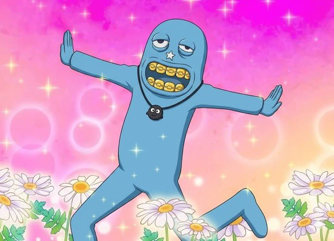 A blue, grumpy-looking cartoon character with gold teeth and a bomb necklace strikes a pose in a sparkly pink field of daisies. The whimsical image likely represents the Ruyui NFT project, promoting giveaways and whitelist spots for holders in their Discord community.
