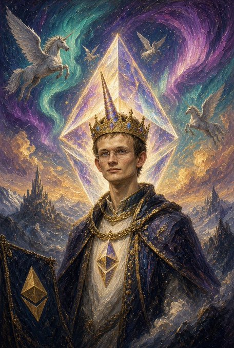 A fantasy painting depicting a bespectacled man wearing a crown and royal robes, set against a cosmic sky featuring a unicorn, winged horses, and a geometric prism.