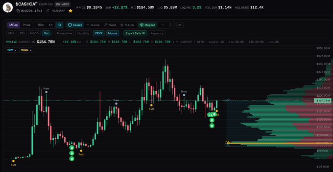 A candlestick chart of $CASHCAT showing a price of $184.76M on a 1D timeframe with a volume profile indicator and recent "New" pump signals marked, illustrating the post's claim that it is "possibly the easiest trade in all of crypto right now" due to its recent upward momentum and strong buying signals.