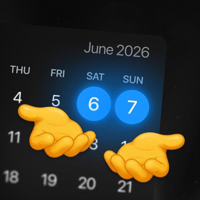 A June 2026 calendar highlights Saturday the 6th and Sunday the 7th in blue, with two cartoon hands pointing at them—one extended palm-up and one giving a sideways "so-so" gesture. The dates "6" and "7" match the name "@sixsevenapp" teased in the post, hinting at the app's upcoming launch over that weekend.