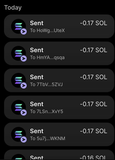 The image shows a list of multiple "Sent" transactions on what appears to be a crypto wallet, each showing "-0.17 SOL" being sent to various addresses throughout "Today." The post suggests the user is gifting SOL tokens to 20 people in need, and the transaction history supports this by showing several consecutive small SOL transfers, likely part of their charitable giveaway.