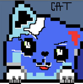 A pixel art image labeled 'CAT' shows a blue cartoon cat with a red bow and a flower accessory on its head.