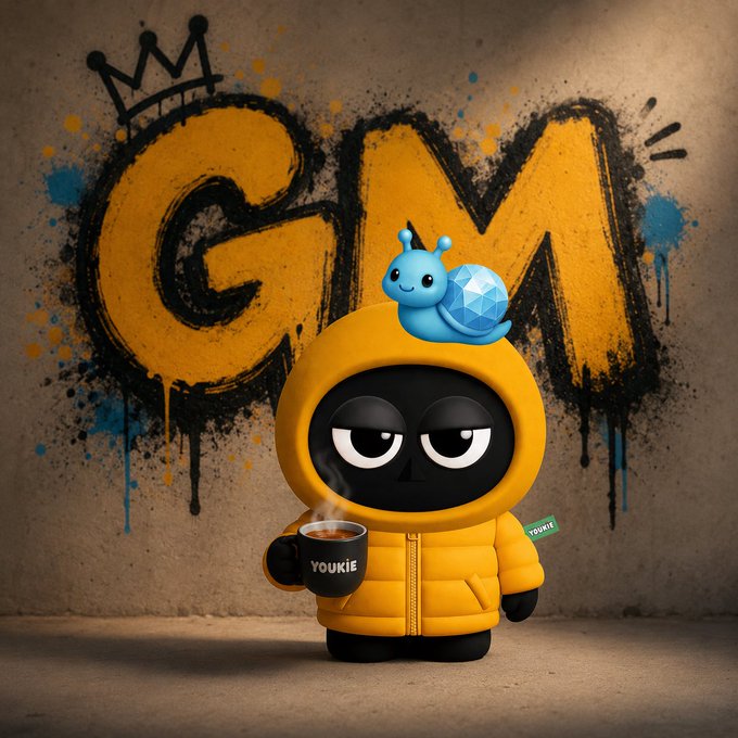 A 3D-rendered character wearing a yellow puffer jacket holds a coffee cup labeled 'YOUKIE', with a blue snail-like creature on its head, posed in front of graffiti-style letters 'GM' and a crown on a concrete wall.