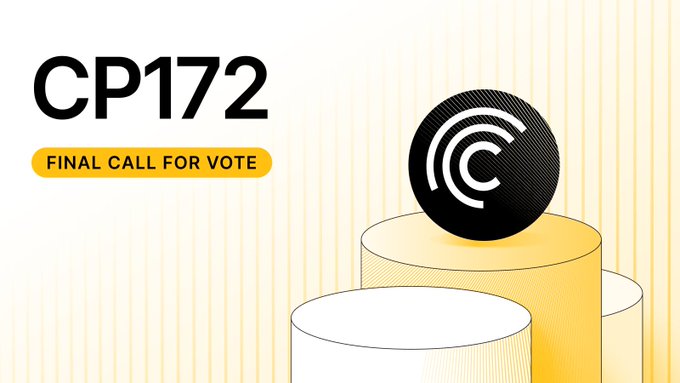 A yellow and white graphic announcing 'CP172 FINAL CALL FOR VOTE' featuring a black sphere with a white 'C' logo resting on layered cylindrical pedestals.