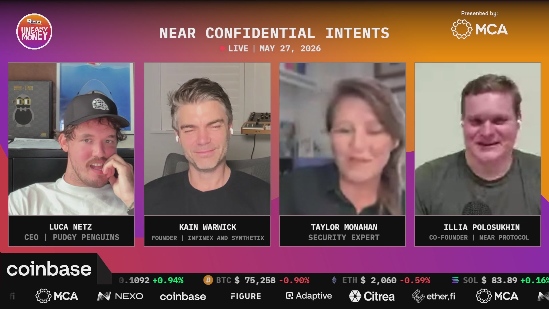 The image shows four people's faces displayed on a computer screen with the caption "Near Confidential Intentions Live On May 27, 2020". The background of the image is purple and orange.