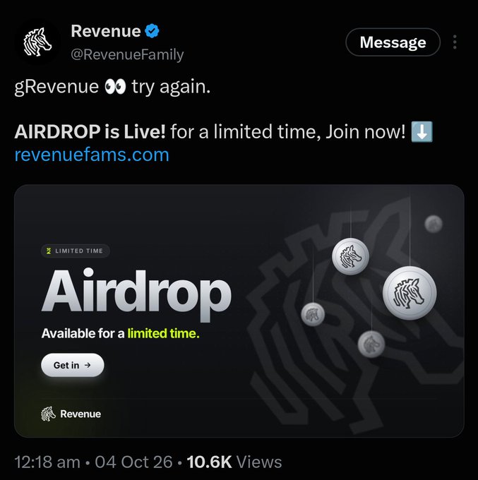 A tweet from Revenue (@RevenueFamily) advertising an 'Airdrop' event available for a limited time at revenuefams.com, posted at 12:18 am on 04 Oct 26 with 10.6K views.