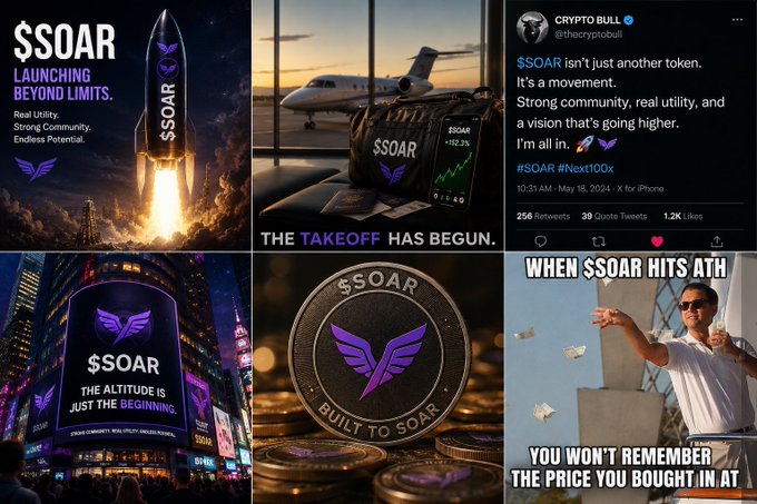 The image shows a collection of six posts on social media, all posted from the same account named "Gm X fam" with purple logos, including one that says "sol". The content includes text descriptions of various items, such as a rocket ship advertisement, an advertisement for Sol, and a humorous meme related to Bitcoin. There are also multiple images in the posts depicting different aspects like planes or money, but they all relate back to the common theme of cryptocurrency and bitcoin.