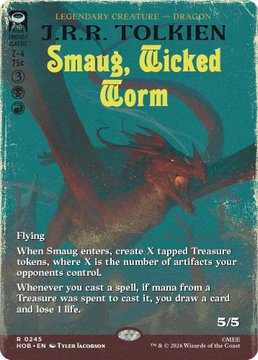 A trading card titled 'J.R.R. Tolkien Smaug, Wicked Worm,' a Legendary Creature-Dragon with 5/5 stats, featuring artwork of a red dragon and text describing its Flying ability and treasure-creating effects.