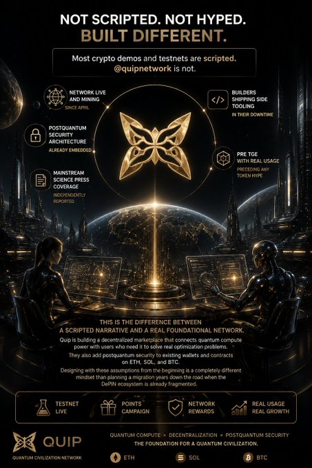 Quip Network promotional material with 'NOT SCRIPTED. NOT HYPED. BUILT DIFFERENT.' highlighting features like live mining, post-quantum security, and mainnet presence on ETH, SOL, and BTC.
