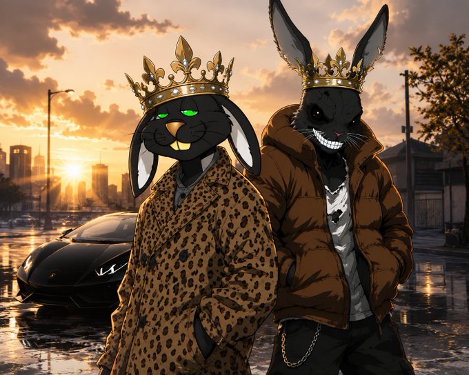 An illustrated scene of two anthropomorphic characters wearing golden crowns—one a black rabbit in a leopard print coat, the other a black cat in a brown puffer jacket—standing near a black sports car at sunset.