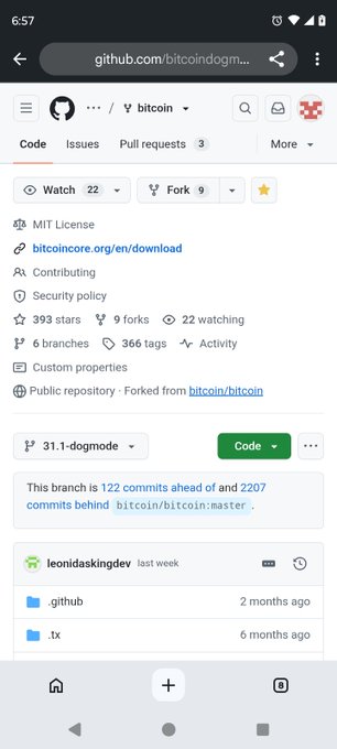 A mobile screenshot of the GitHub repository 'bitcoindogmaster' (a fork of bitcoin/bitcoin) showing 393 stars, 9 forks, 22 watching, MIT License, with branch '31.1-dogmode' and a note that it is 122 commits ahead of bitcoin/bitcoin:master.