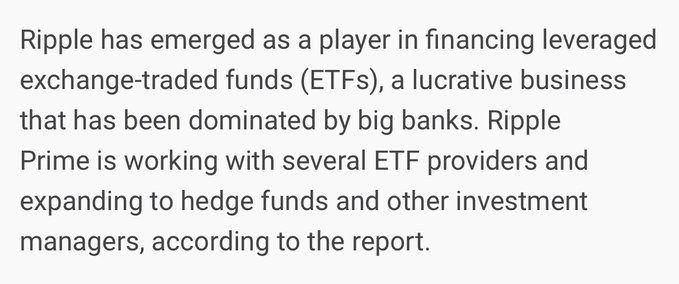 A text excerpt stating: 'Ripple has emerged as a player in financing leveraged exchange-traded funds (ETFs), a lucrative business that has been dominated by big banks. Ripple Prime is working with several ETF providers and expanding to hedge funds and other investment managers, according to the report.'