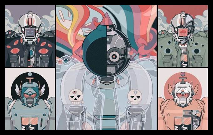A stylized illustration features robotic figures and helmets in a symmetrical grid layout with red, teal, and black color accents.