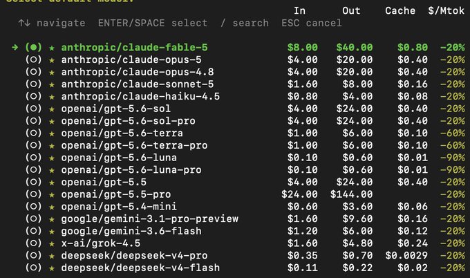 The image shows a terminal interface of "atcost.ai Models" displaying pricing for various AI models, with anthropic/claude-fable-5 selected at $8/$40 per million tokens, and the post suggests using Nous Portal to save even more money beyond these already-discounted rates.