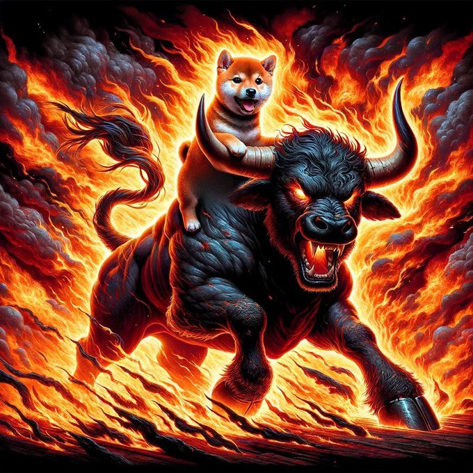 This image depicts a Shiba Inu dog riding a fiery bull, symbolizing the explosive potential and bullish market sentiment for $SHIB, as teased by the accompanying post. The fiery imagery and the bull, a symbol of a strong market, both relate to the "BIG NEWS" for the #SHIBARMY.