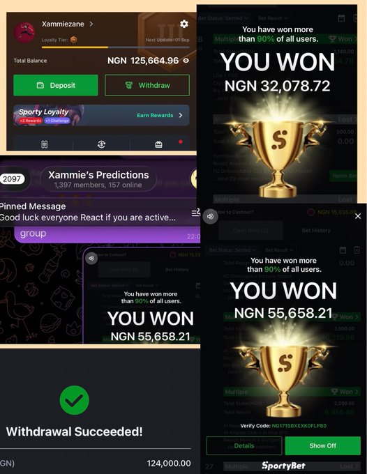 The image is a screenshot collage from "Xammiczane" on the SportyBet app, showcasing multiple winning notifications with prizes of NGN 32,078.72 and NGN 55,658.21, a total balance of NGN 125,664.96, and a "Withdrawal Succeeded!" message of NGN 124,000.00, visually reinforcing the post's celebration of community-wide betting wins.