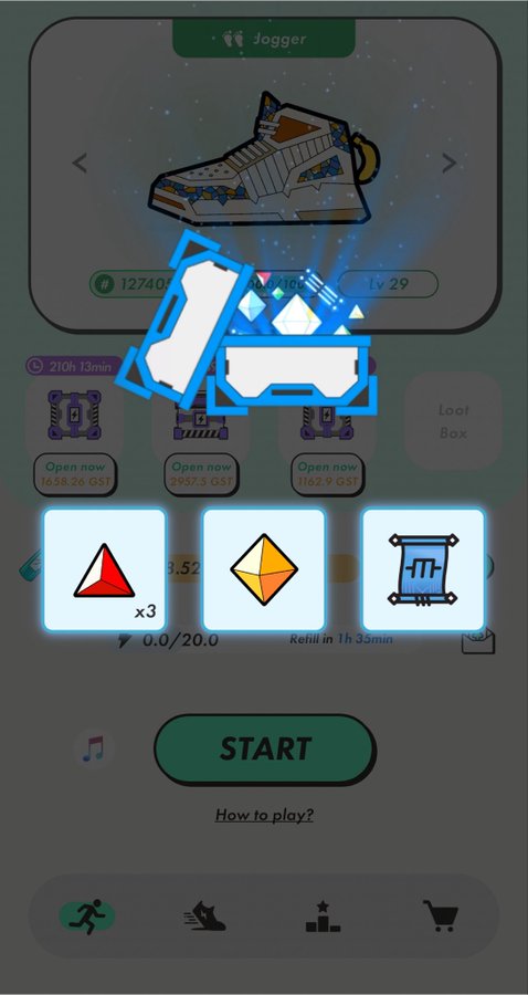 A mobile game screenshot shows a "Jogger" sneaker NFT with level 29, featuring unlockable items including a red triangle (x3), a yellow diamond, and a scroll, with a "START" button at the bottom.