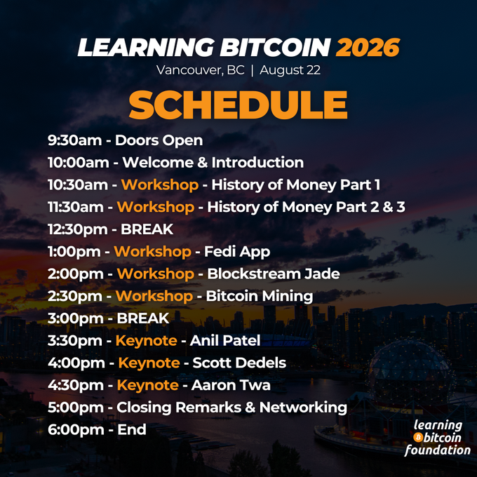 A schedule graphic for 'Learning Bitcoin 2026' in Vancouver, BC on August 22, listing the day's events from 9:30am Doors Open through 6:00pm End, including workshops on money history, Fedi App, Blockstream Jade, and Bitcoin Mining, plus keynotes by Anil Patel, Scott Dedels, and Aaron Twa.