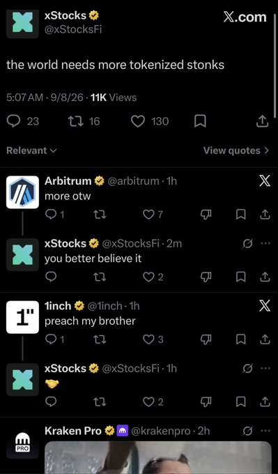 A screenshot of X (Twitter) posts from @xStocksFi about 'tokenized stonks,' showing replies from @arbitrum and @1inch.