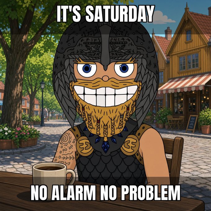 A cartoon illustration of a Viking with a helmet, beaded braids, and a large toothy grin sitting at an outdoor cafe, with text reading 'IT'S SATURDAY' and 'NO ALARM NO PROBLEM.'
