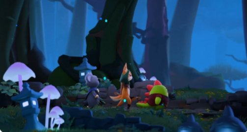 A stylized 3D fantasy forest scene with colorful mushrooms, glowing blue lights, and small whimsical creatures or characters gathered among the trees.