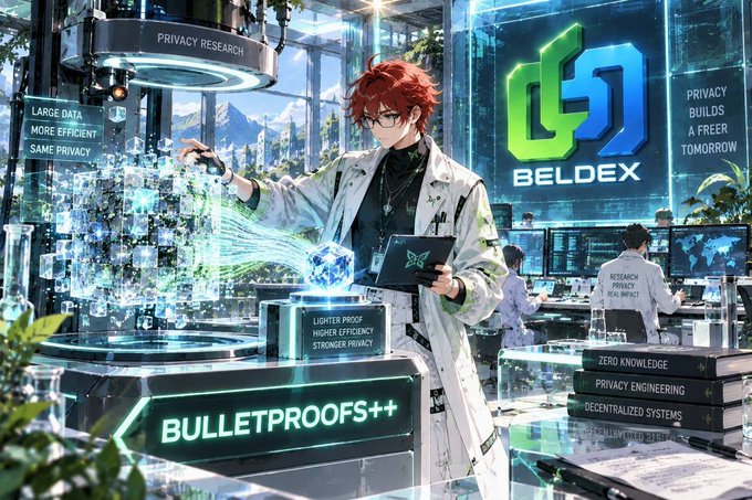 An anime-style digital illustration shows a red-haired scientist in a lab working with holographic data displays featuring text including 'BELDEX', 'BULLETPROOFS++', 'PRIVACY RESEARCH', and 'LARGE DATA MORE EFFICIENT SAME PRIVACY'.