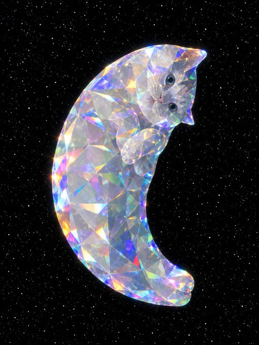 A translucent, faceted crescent moon shaped like a cat, set against a black star-filled background.